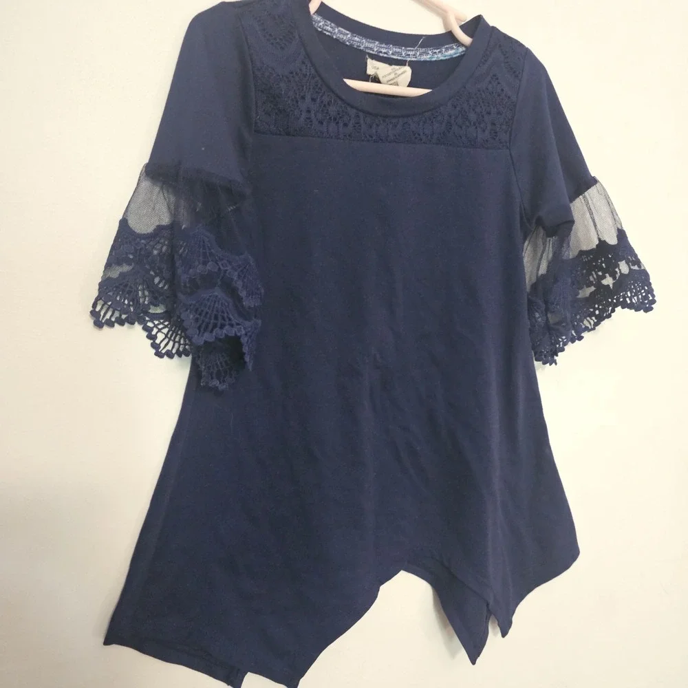 One Step Up Girl's Blue Dress 4T Assymmetric Hem Sheer Sleeve‎